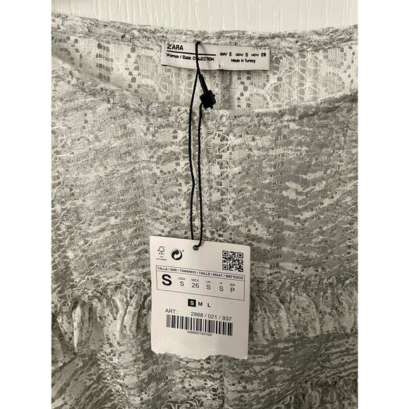 Zara Printed Lace Top with Frills Silver Gray White Small New - Picture 9 of 11
